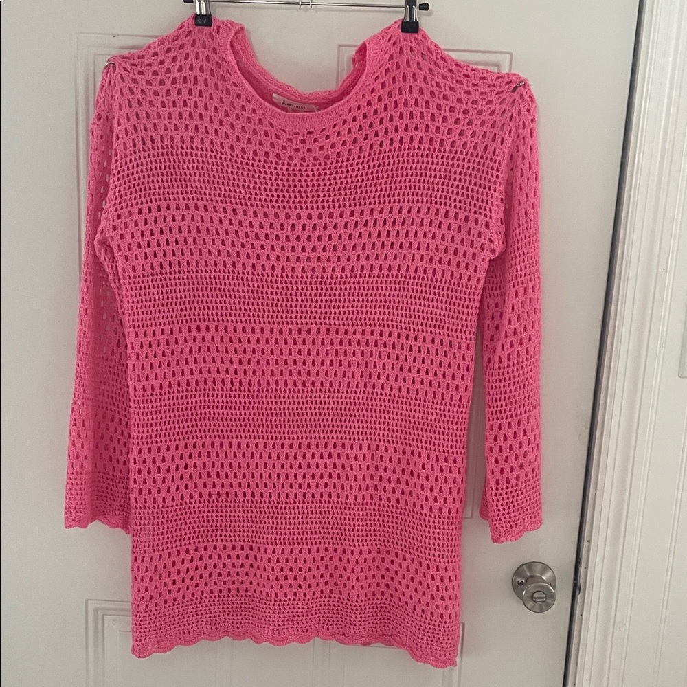 Open-Knit Crewneck Sweater in Bright Pink Dress